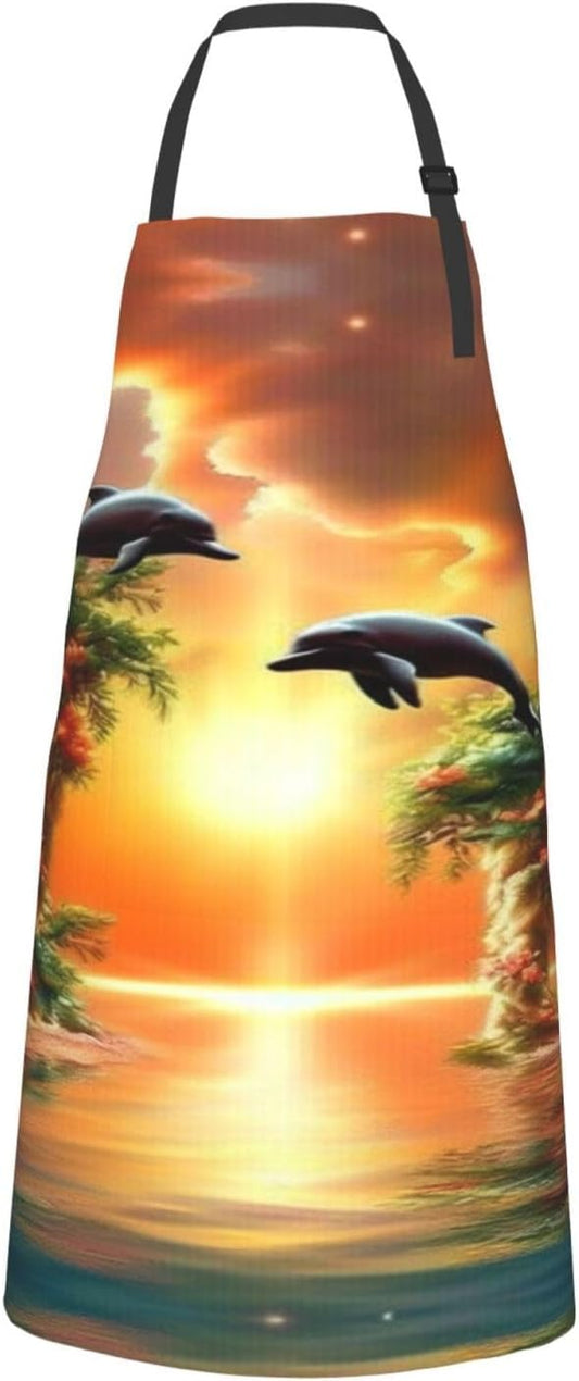 sunset dolphins print Waterproof apron with pocket adjustable cooking apron for adult kitchen bibs to bake