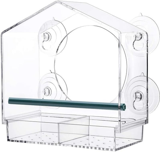 Clear View Window Bird Feeder with Strong Suction Cups, Acrylic Transparent Outdoor Wild Bird Seed Feeder and Décor, 2 Cup Capacity, Clear