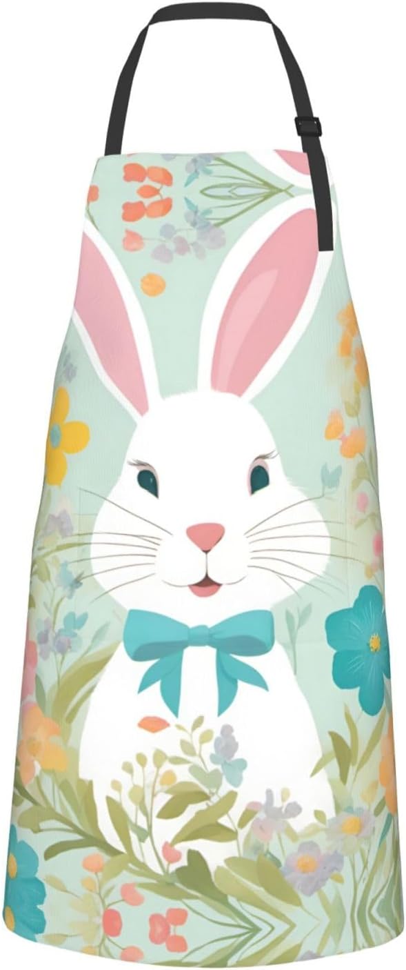 Easter Bunny Floral Print 28 x 33in Waterproof Apron with Pockets Fashionable Versatile Smock for Baking