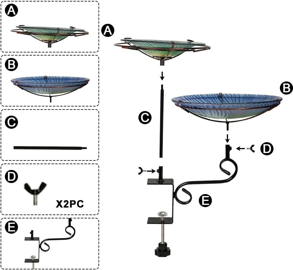 2-in-1 Deck Mounted Bird Bath for Outside Glass Birdbath Bowl & Birdfeeder with Adjustable Sturdy Metal Clamp for Railing Balcony 11" Dia, Blue