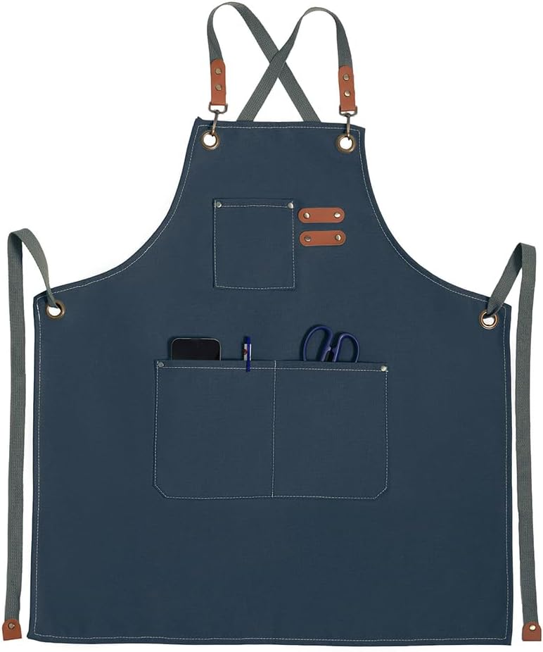 Chef Apron for Women Men with Pockets, Cotton Canvas Cross Back Adjust
