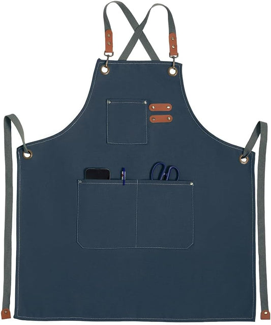 Chef Apron for Women Men with Pockets, Cotton Canvas Cross Back Adjust