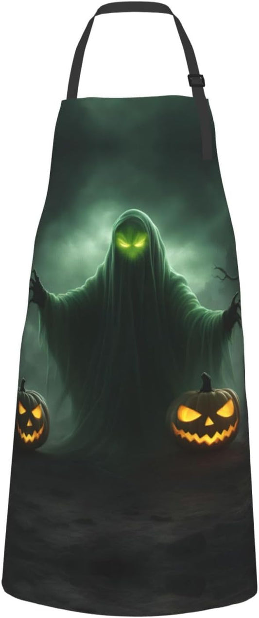Green Ghost Horror Halloween Pumpkin print Waterproof chef's apron with pocket apron for kitchen cooking baking barbecue and gardening