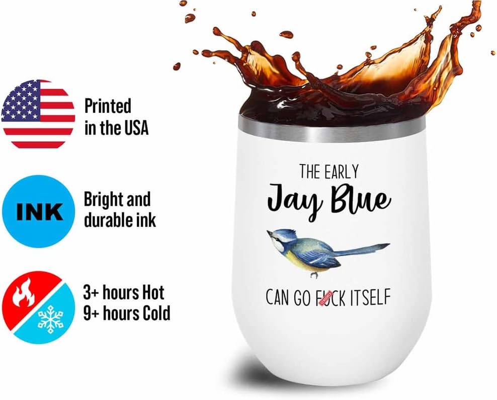 Bird Lover White Edition Wine Tumbler 12oz - Early jay blue go - Hummi