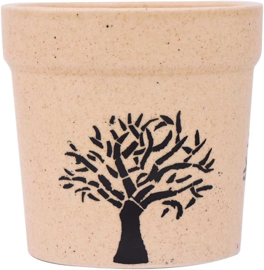 Indian Shelf Handmade Ceramic Beige Hand Painted Tree Pot Pack of 1 Po