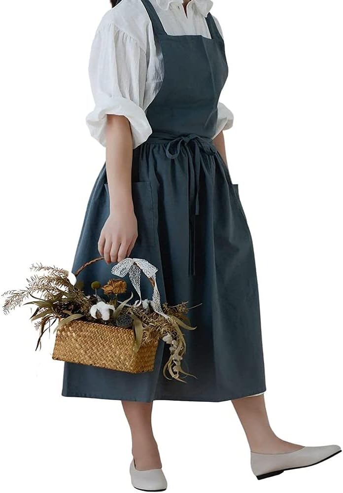 Cotton and linen Kitchen Cooking Aprons Dress for Women with Pockets C