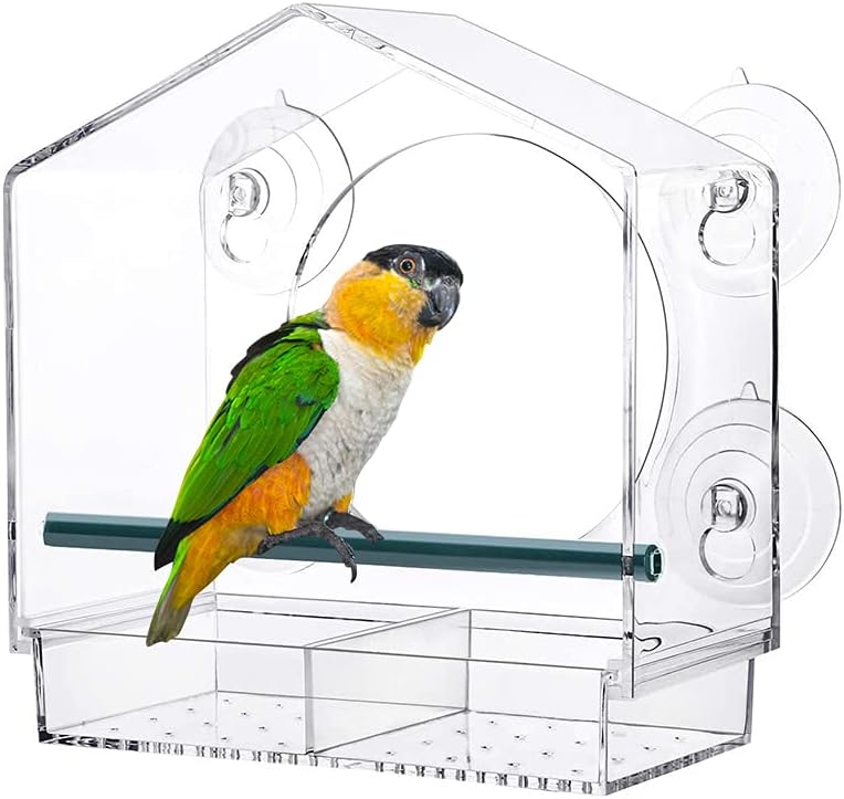 Acrylic indo Bird Feeder Large Size ith Suction Cup Detachable Seed Tray ith Drain Hole Bird House for Bird atching