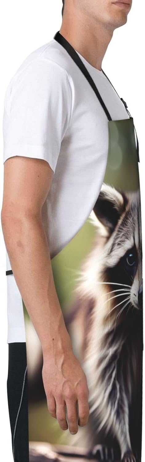 cute raccoon print Waterproof chef's apron with pocket apron for kitchen cooking baking barbecue and gardening