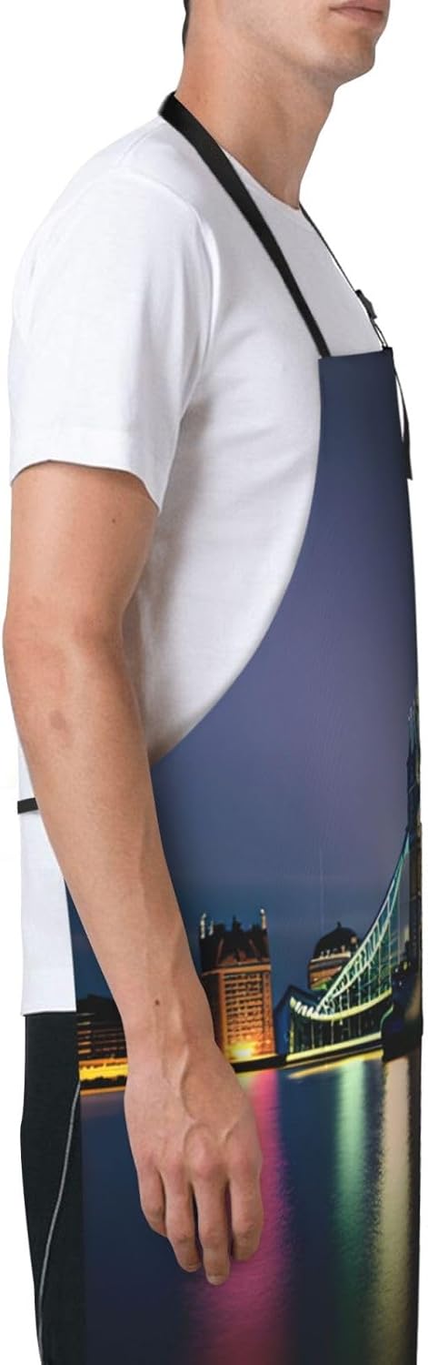 Night London Tower Bridge print Waterproof chef's apron with pocket apron for kitchen cooking baking barbecue and gardening