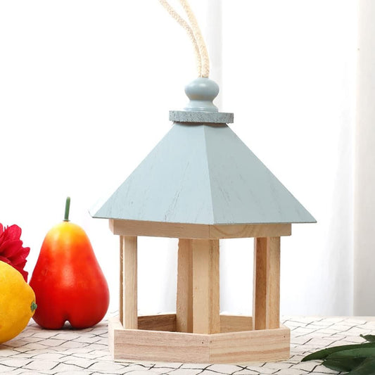 Bird Feeder, Wooden House Shape Hanging Feeding Station Hollow for Outdoor Garden Park Decoration with Hang Rope