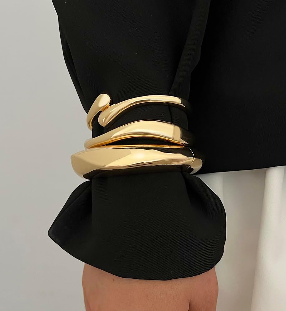 Chunky Gold Bangle Bracelets for Women, Dainty 14k Gold Plated Big Sta
