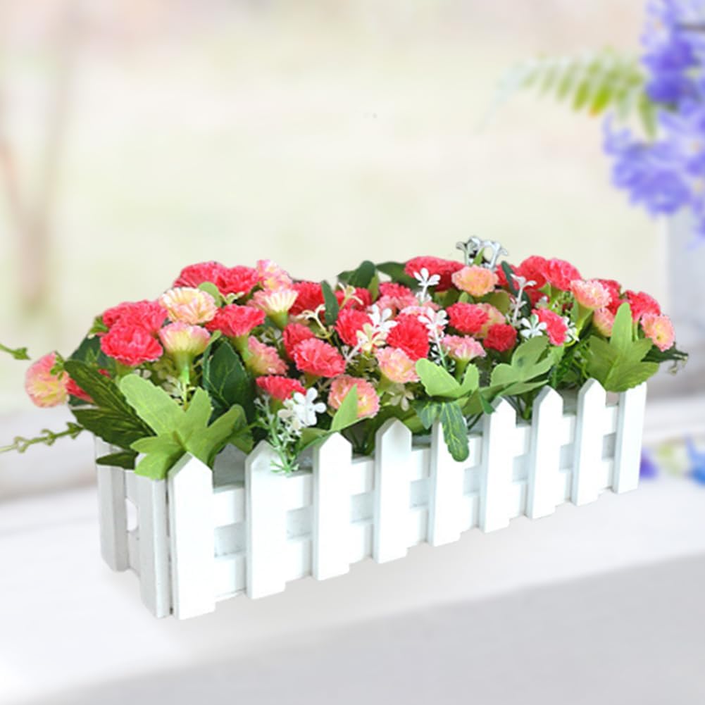 Artificial Carnations Flowers in White Wooden Picket Fence, Faux Silk Flowers with Leaves Fence Pot for Outside Home Planter Porch Patio Yard Office Desk Decor, Rose Red