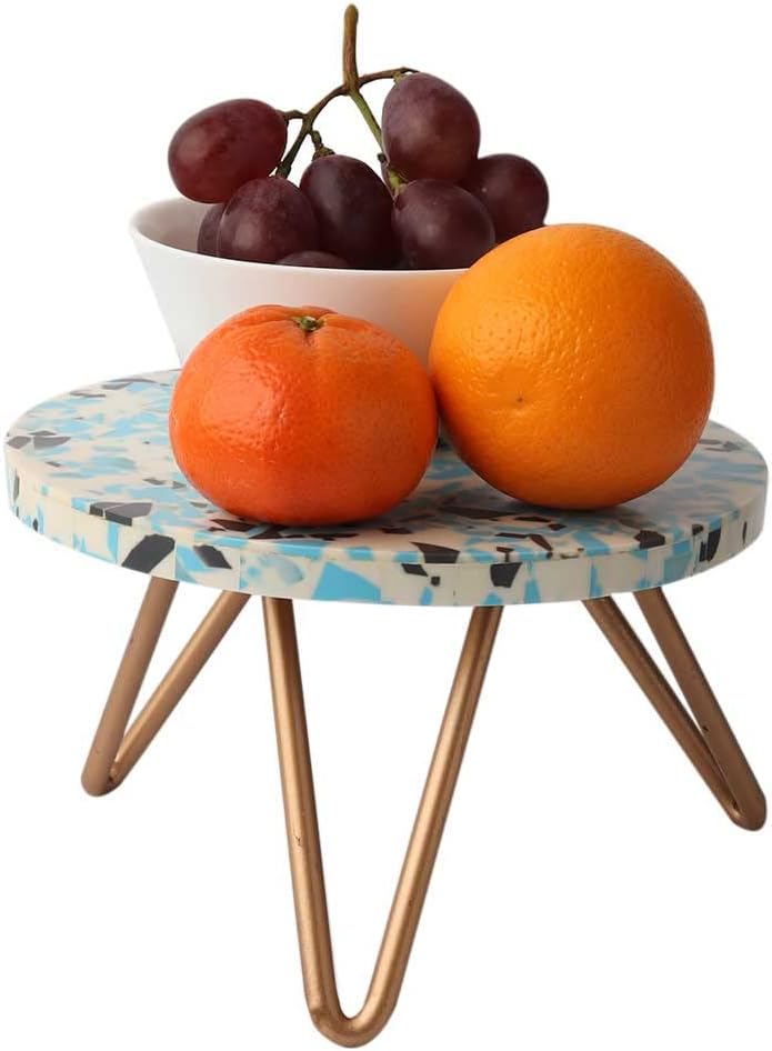 Indian Shelf Cake Stands | Wooden and Resin Fruit Dessert Cheese Reusable Serving Stand | Terrazzo Plant Stand for Indoor Plants [White & Blue, 1 Pack]