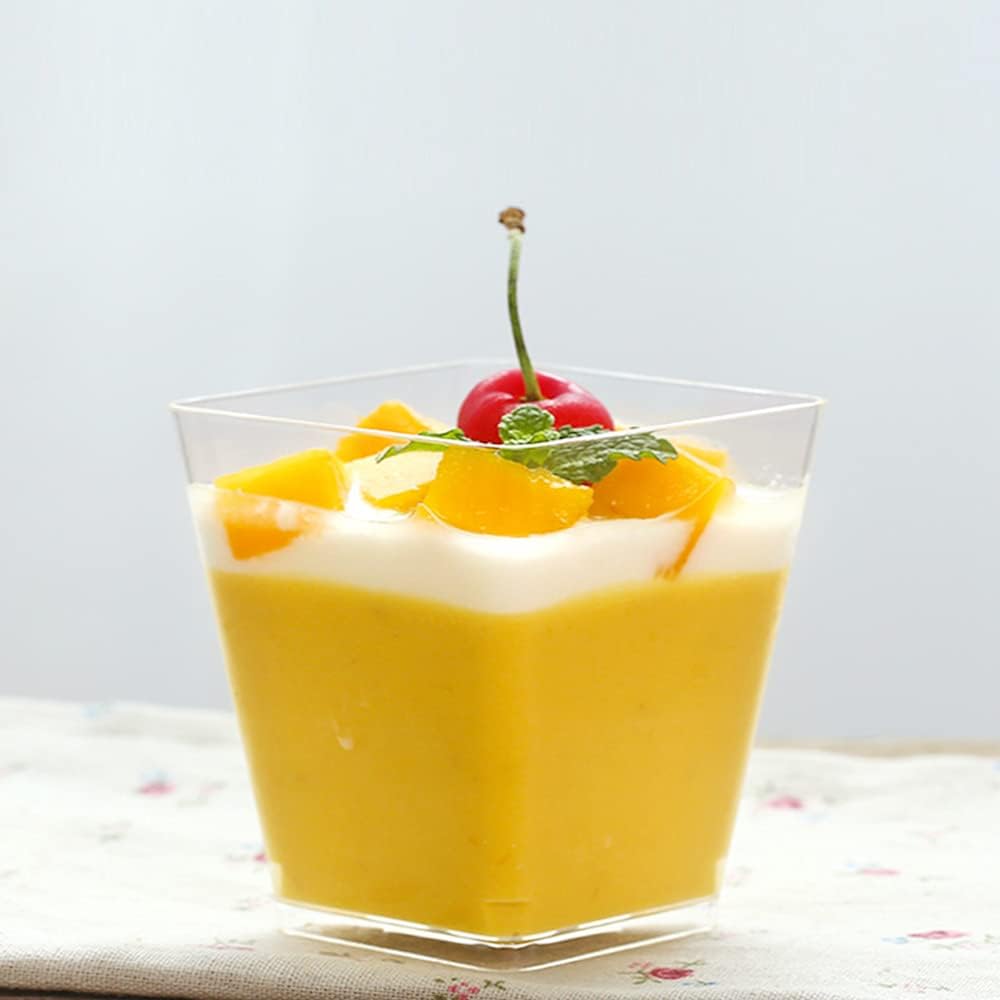 50Pcs Square Mini Plastic Dessert Cups,3.5Oz Clear Plastic Parfait Appetizer Cup for Desserts,Appetizers,Ice Cream