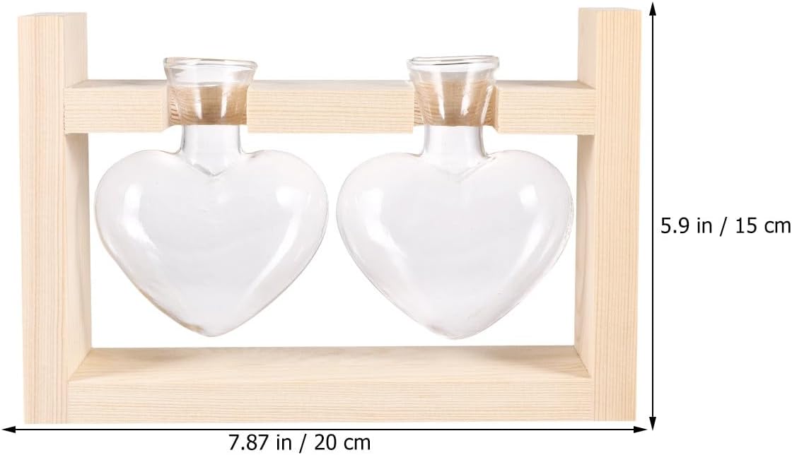 Heart-Shaped Glass Vases with Wooden Frame, Hydroponic Planter Contain