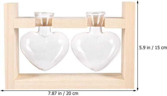 Heart-Shaped Glass Vases with Wooden Frame, Hydroponic Planter Contain