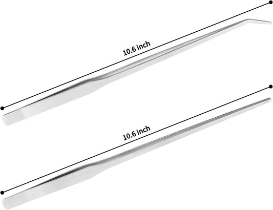 2PCS Long Aquarium Tweezers - 10.6" Straight and Curved Tweezers, Stai