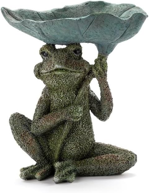 Napco Imports Decorative Home or Garden 8.75 x 10 Inch Birdbath or Wildlife Feeder Green Frog Under Leaf