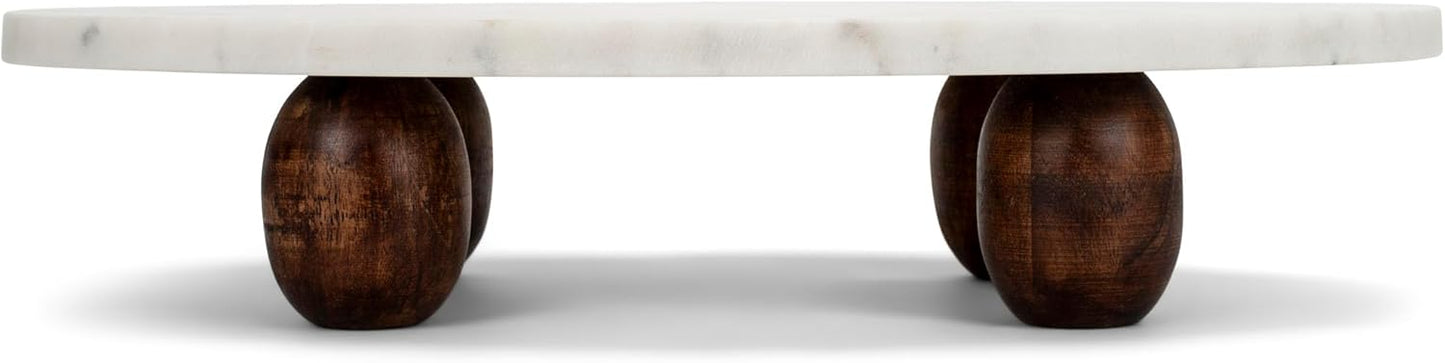 India Handicrafts Elegant Oval with Wooden Feet, White 18 x 10 Inch Marble Display Cake Stand Riser
