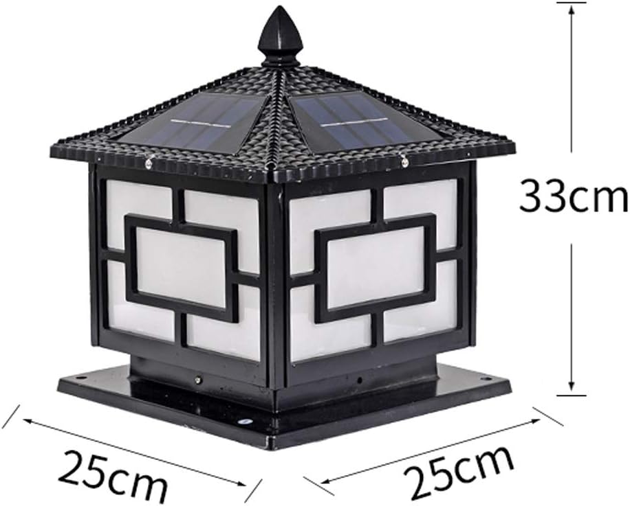 Vintage 25CM Solar Column Headlight Remote Control Outdoor Waterproof Garden Light Home Door Chinese Villa Wall Lamp Acrylic Lampshade Two-Color Source Deck Patio(Black)