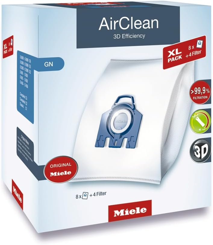Miele Genuine AirClean XL Pack GN Vacuum Cleaner Bags, 8 Bags Included, for Miele Complete C3, Complete C2, and Classic C1 Vacuum Cleaners