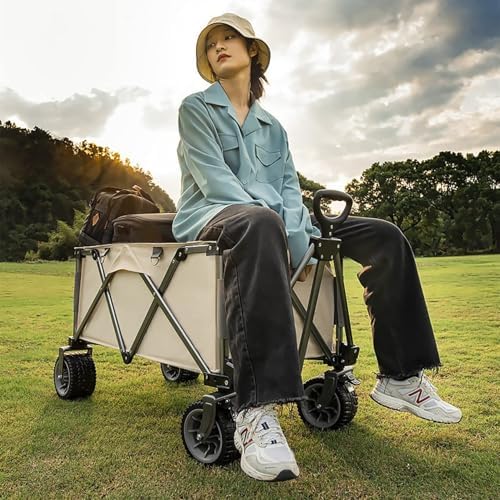 Portable Camping Cart,Outdoor Campitrolley,Portable Foldipicnic Heavy Duty Car,All Multi-Function Cargo Vehicle,Large Oxcloth Storage Cart,for Camping,Sports,Shopping/Beige