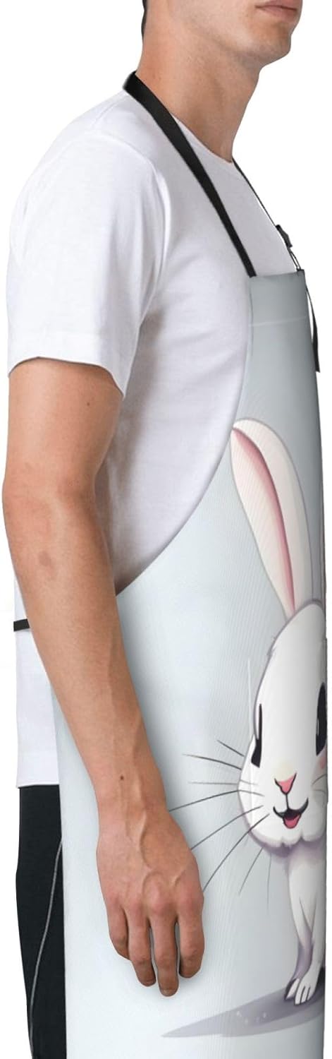 Cute White Rabbit Print Laundry apron 28x33 In Waterproof Kitchen Apron with Pockets for Cooking Baking