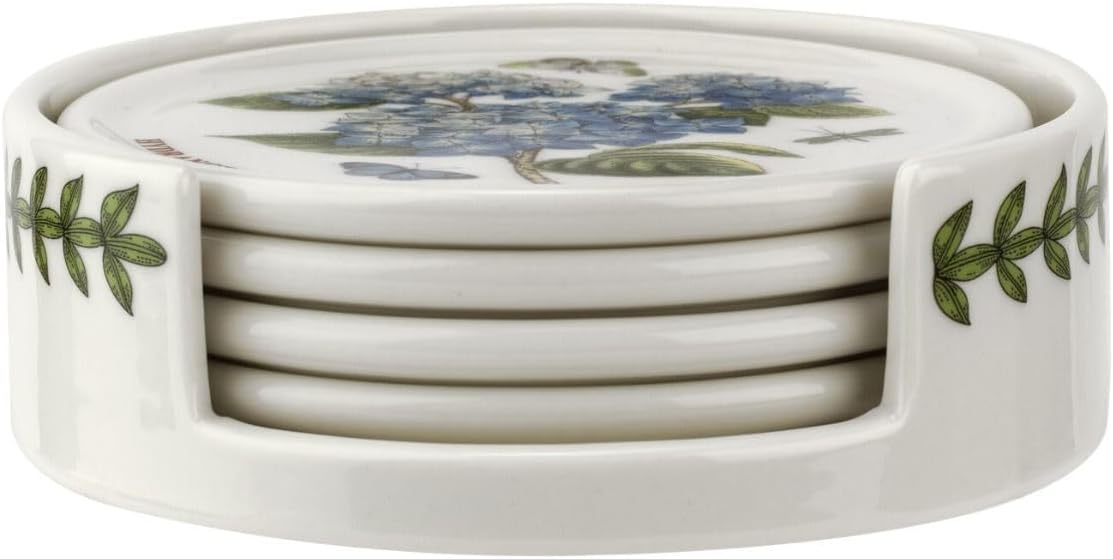 Portmeirion Botanic Garden 3.75" Ceramic Coasters with Holder- Set of 4 | Assorted Floral Motifs | Porcelain | Dishwasher Safe, Microwave Safe, Freezer Safe
