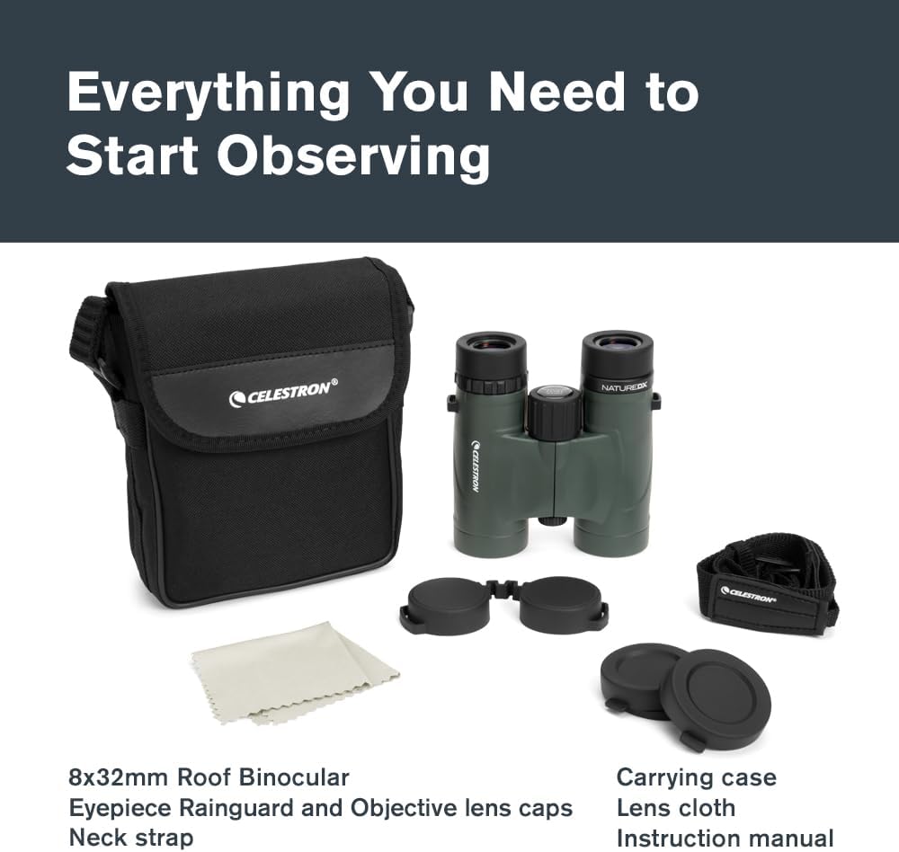 Celestron - Nature DX 8x32 Binoculars – Ideal for Birding and Outdoors – 32mm Objective Lenses – Wide 7.4° Field of View – BaK-4 Prisms – Fully Multi-Coated – Waterproof and Fogproof