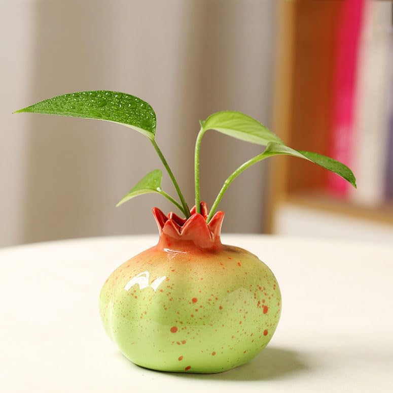 Cute Ceramic Fruit Vase, Ceramic Pomegranate Hydroponics Plants Vase, Handcrafted Small Planter Pot, Dried Flowers vase Container, Green 4.1'' x 3.5''