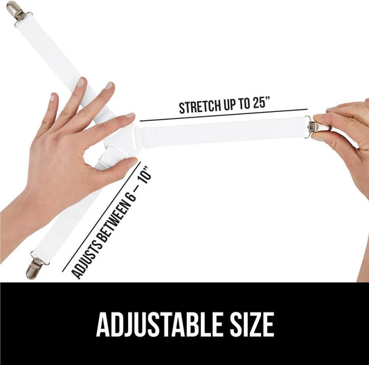 GORILLA GRIP Patent Pending Bed Sheet Holders, Adjustable Elastic Fasteners with Metal Clips, Keep in Place Fitted Bedding Straps, Firm Tight Suspenders for Mattress, US Designed, 4 Pack White