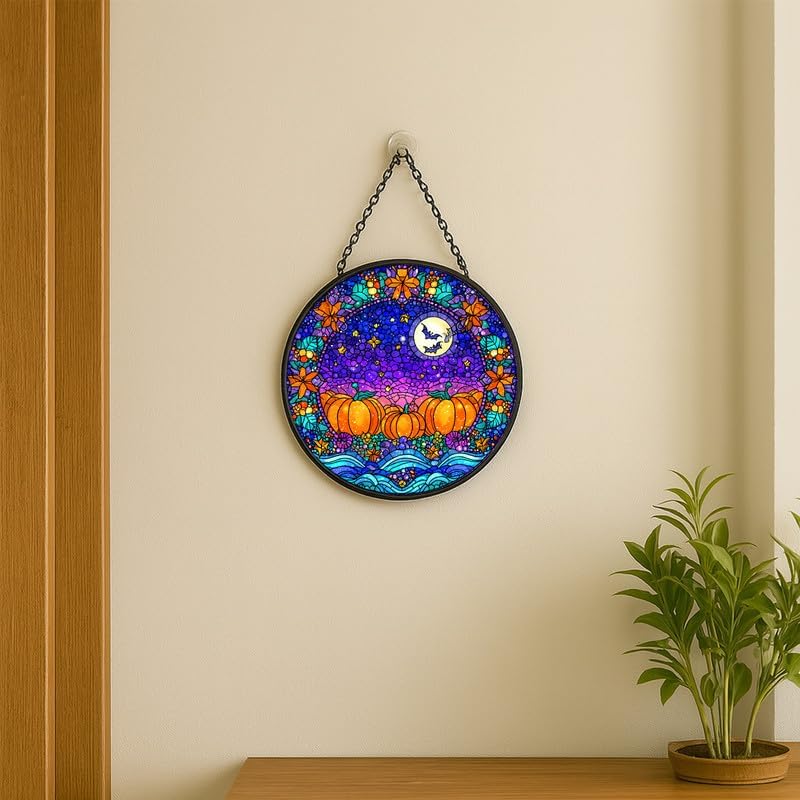 Halloween Pumpkins Bats Stained Glass Window Hanging - Sun Catchers In
