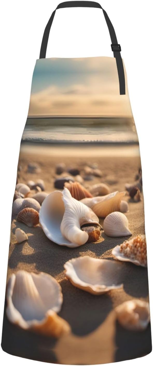 Seashell Landscape On The Beach print Waterproof chef's apron with pocket apron for kitchen cooking baking barbecue and gardening
