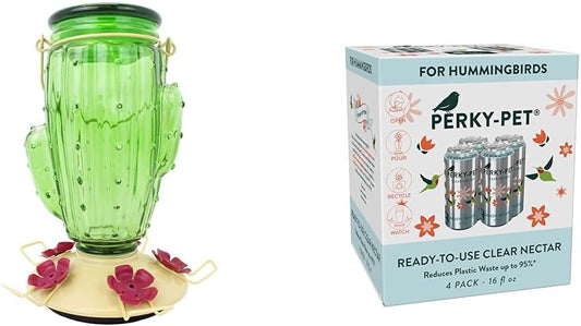 Perky-Pet 9111-1SR Cactus Top Fill Glass Hummingbird Feeder with Built-in Bee Guards&Removable Perches-32 oz+Perky-Pet522Ready-to-Use Clear Hummingbird Nectar in 4 Cans, 16 oz Recyclable Aluminum Can
