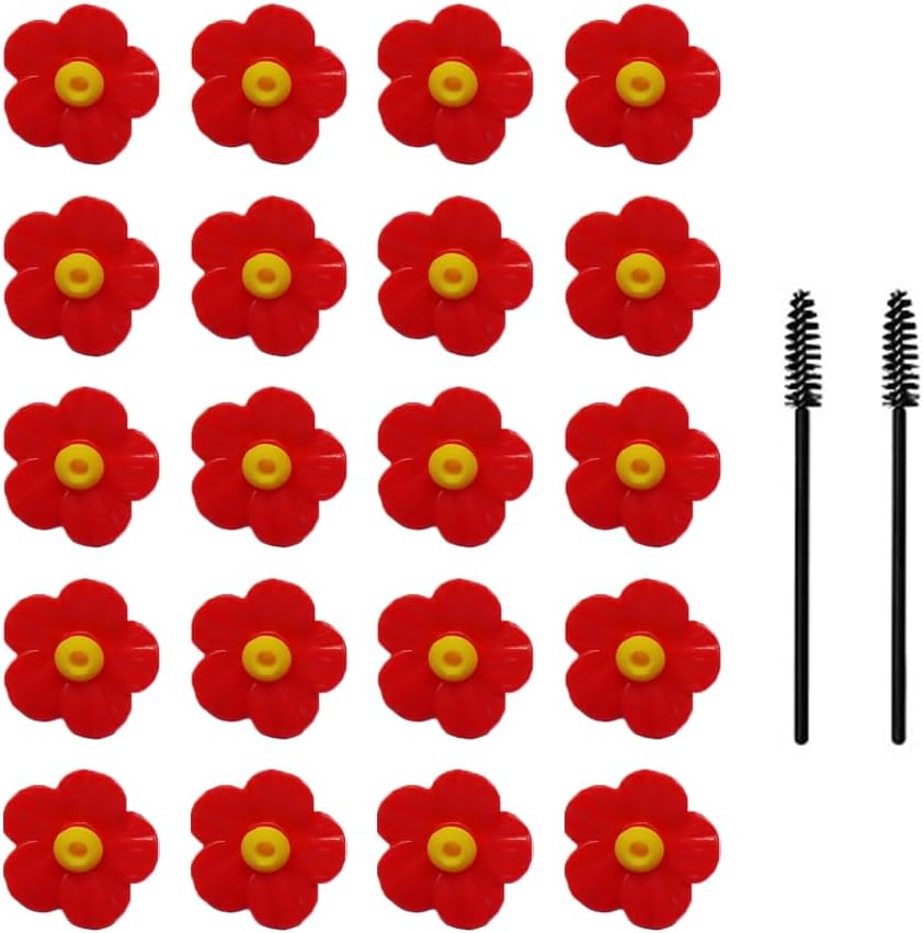 20pcs Red Hummingbird Feeder Replacement Flowers, 3cm Plastic Bird Feeder Replacement Parts Feeding Ports Bee Guards for Hummingbird Feeders, with 2 Cleaning Brush