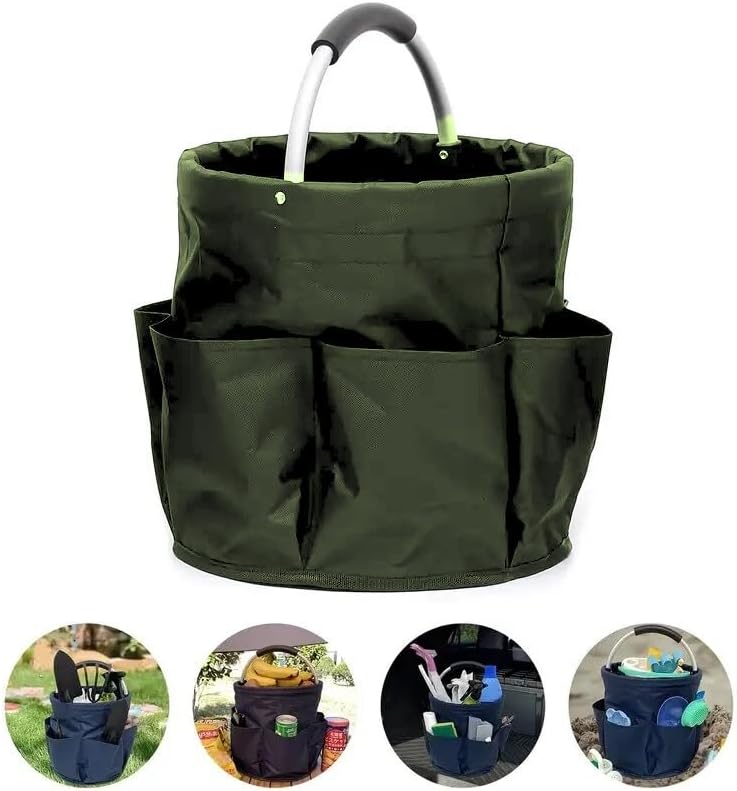 Collapsible Garden Tool & Cleaning Caddy – 12-Pocket Fold-Flat Canvas Bucket | Heavy-Duty 600D Oxford, Padded Handle | Picnic, Camping, RV, Home Storage Basket for Gardeners & Families – Green