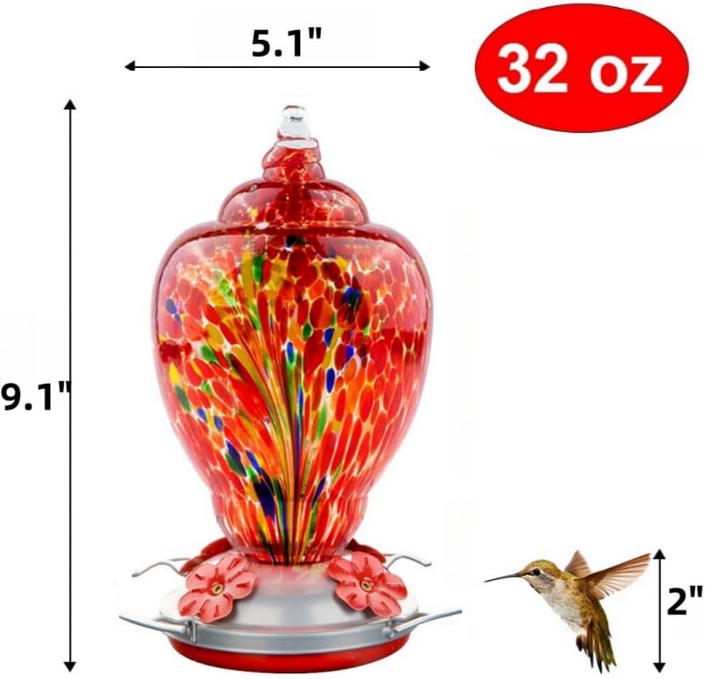 2 Pack Unique Hand Blown Glass Hummingbird Feeders for Outdoors Hanging Patio Garden Decorations Hummingbird Feeder with Ant Moat Hook Brush and Service Card (Blue and Fire)