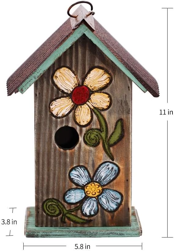 Topadorn Bird House Wooden Carved Floral Birdhouse with Hoop Hanging Birdhouse for Garden Yard Porch Decoration,11 Inch