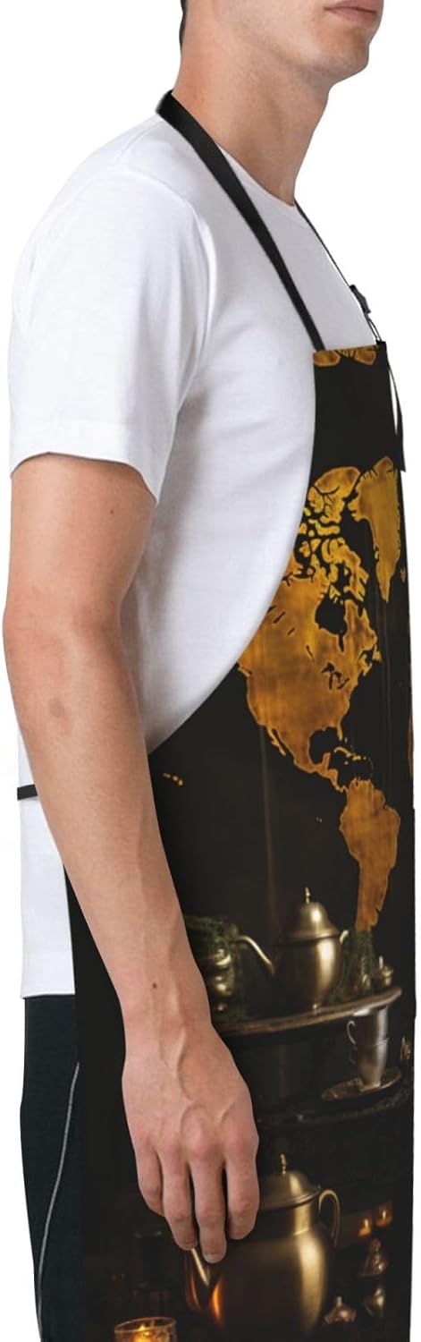 Rust World Map print Waterproof apron with pocket adjustable cooking apron for adult kitchen bibs to bake