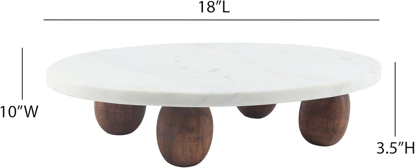 India Handicrafts Elegant Oval with Wooden Feet, White 18 x 10 Inch Marble Display Cake Stand Riser