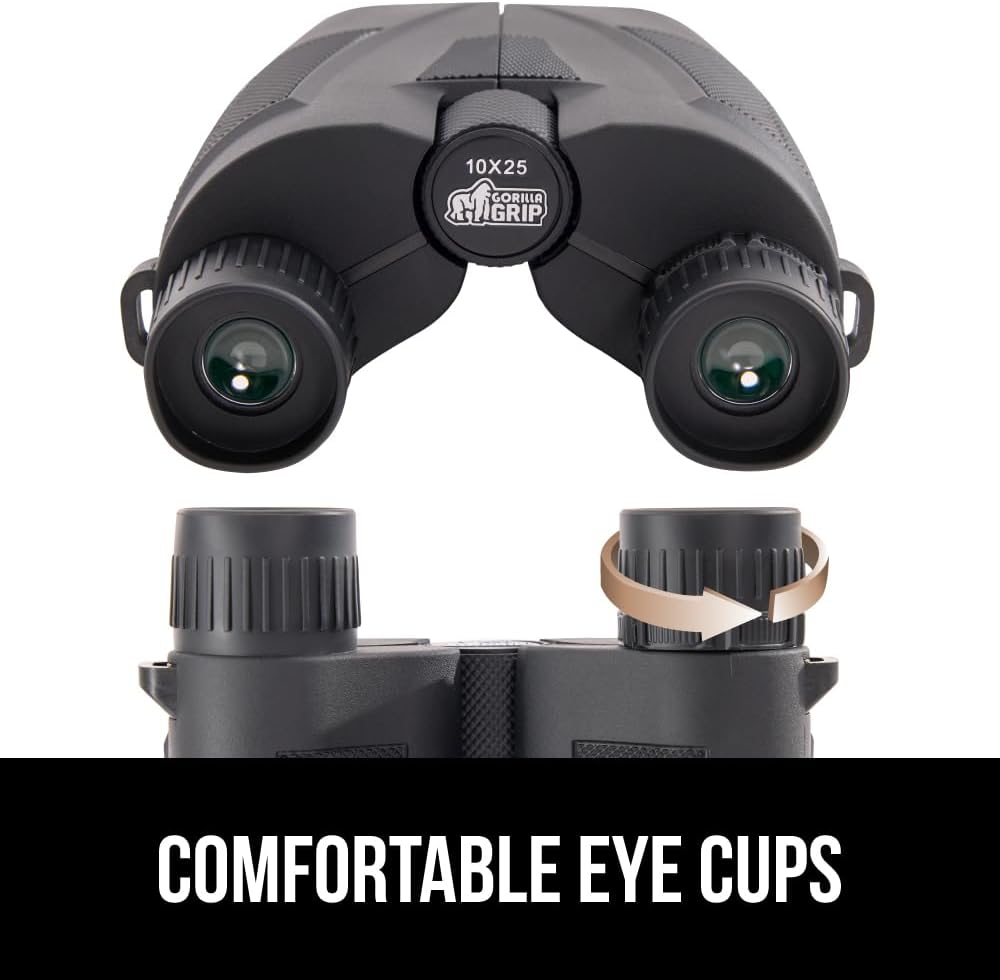 GORILLA GRIP 10x25 Compact Binoculars for Adults with Strap, Superior High Powered Clear 10X Magnification, Lightweight, Bird Watching, Hunting, Stargazing, Adjustable Eye Cups, Black