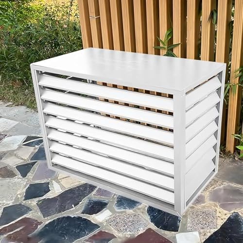 Aluminum Mini-Split AC Condenser Cover with Fencing & Built-in Plant Stand - Outdoor Air Conditioner Unit Protection (Size: 110x60x80cm / 43x24x32in, Color: White)