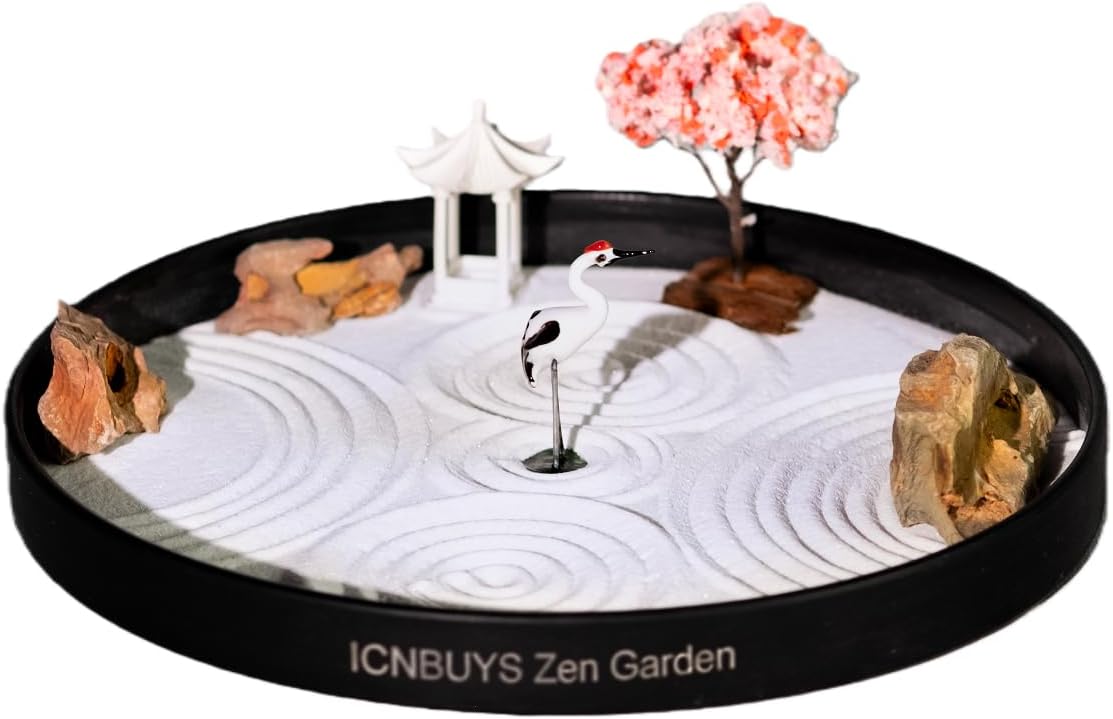 Zen Garden Crane, Pavilion and Sakura Set with Free Rakes and Pushing Sand Pen Base Tray Diameter 9.4 inches