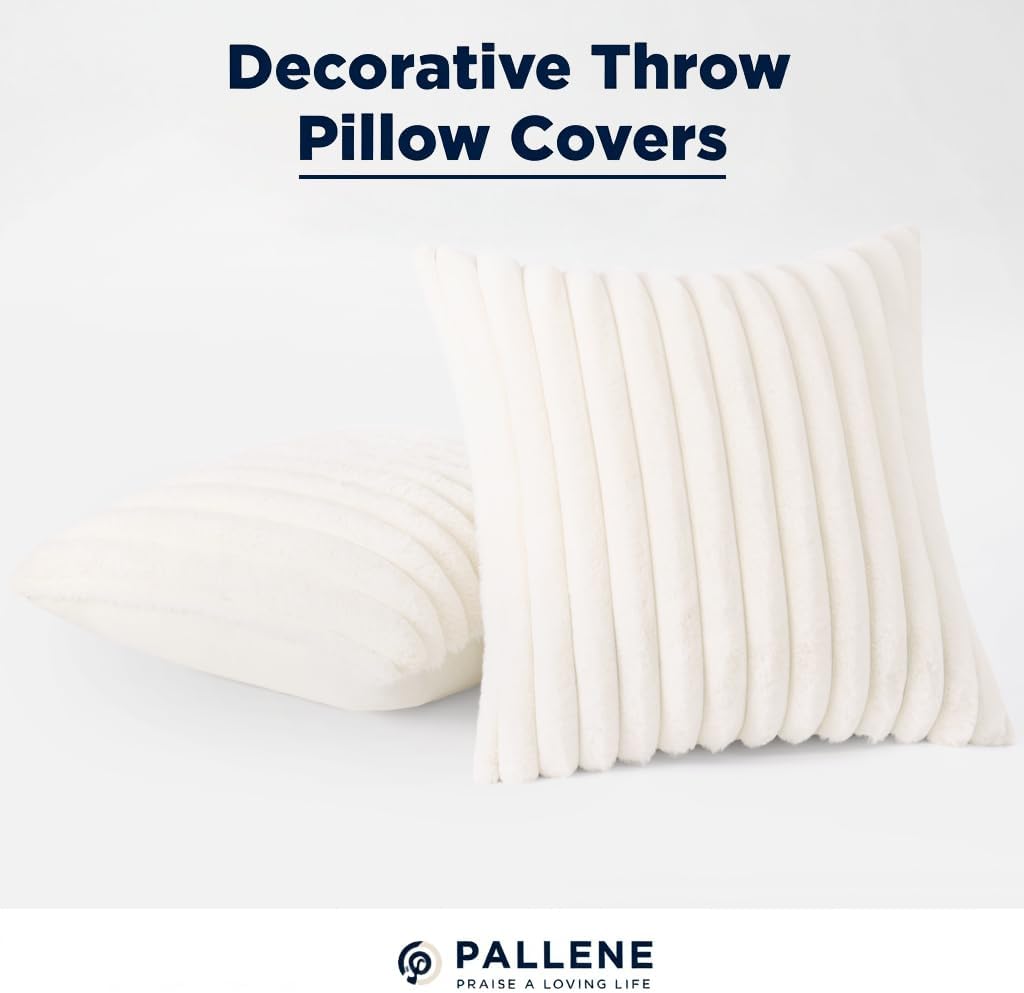 Pallene Faux Fur Plush Spring Throw Pillow Covers 18x18 Set of 2, Luxury Soft Fluffy Striped Decorative Pillow Covers for Sofa, Couch, Living Room, Cream White