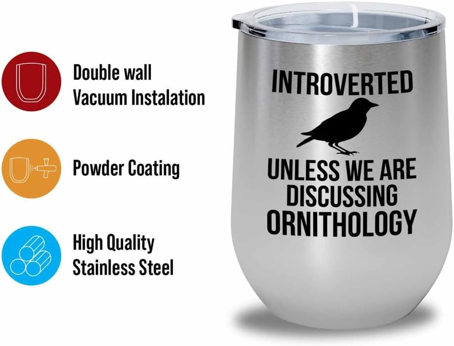 Birding Silver Edition Wine Tumbler 12oz - Introverted unless - Bird Feeder Backyard Birdwatcher Gifts Birding Bird Lover