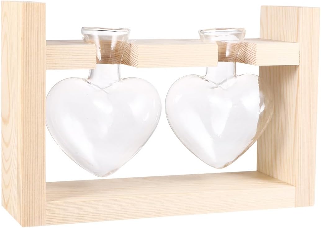 Heart-Shaped Glass Vases with Wooden Frame, Hydroponic Planter Contain