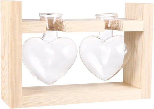 Heart-Shaped Glass Vases with Wooden Frame, Hydroponic Planter Contain