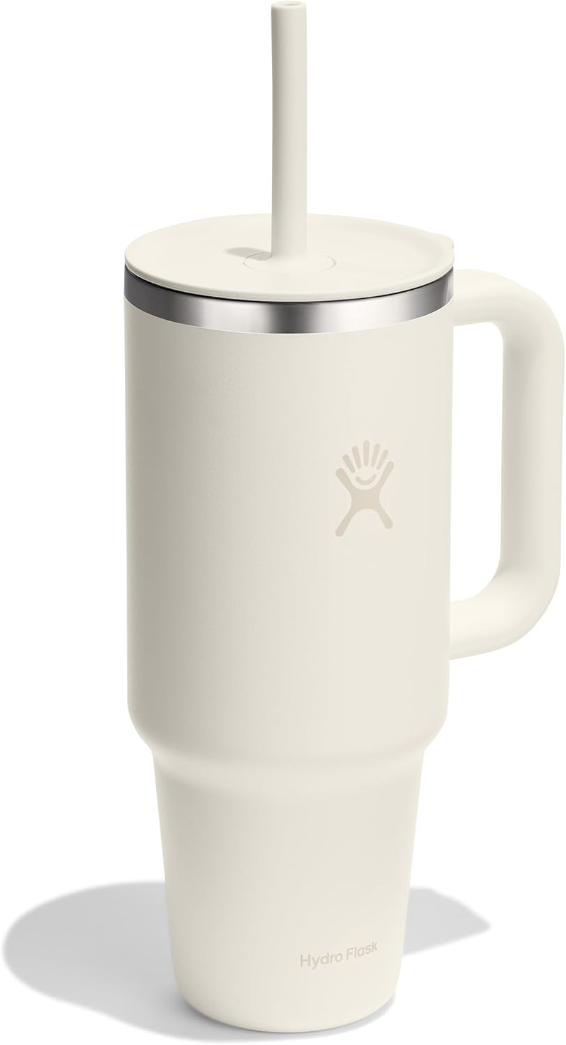 Hydro Flask Travel Tumbler with Handle, Lid and Straw - Insulated Stainless Steel in 40 Oz Ivory