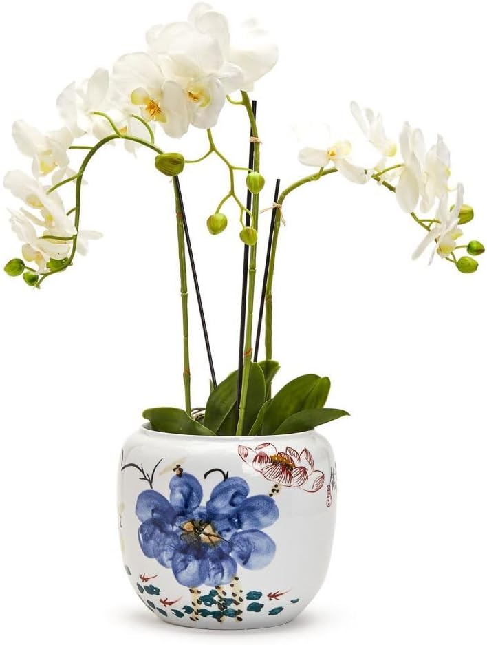 Two's Company Japanese Flower Blossoms Planter- Hand-Painted Porcelain, 9-Inch, White, Made of Porcelain