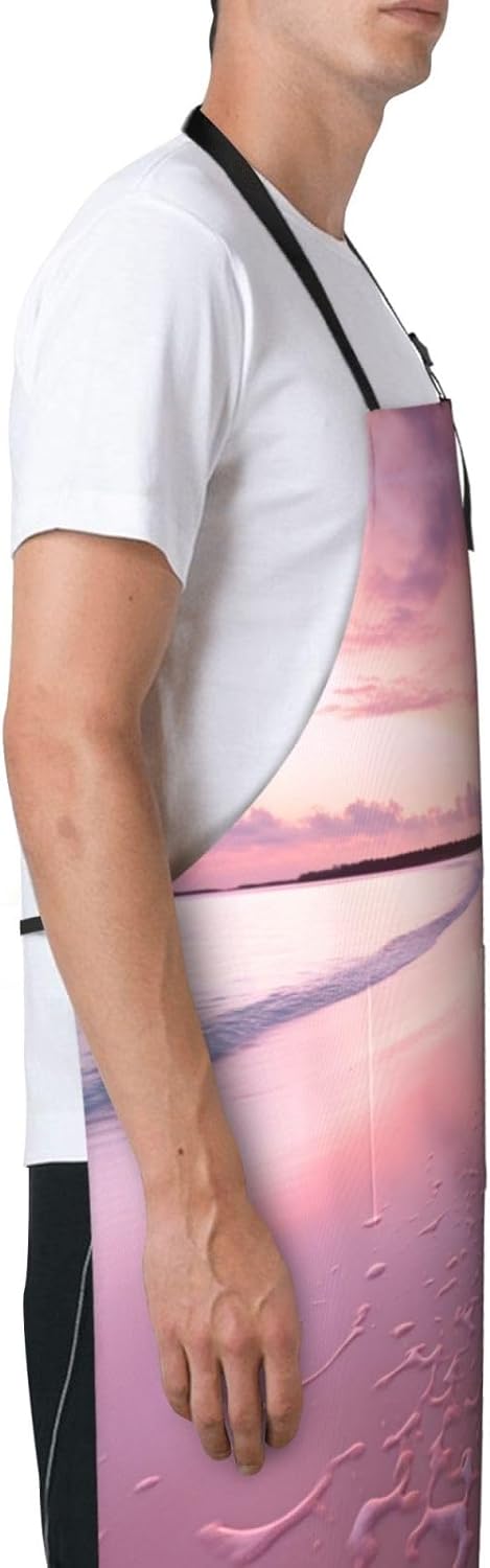 Pink Beach print Waterproof apron with pocket adjustable cooking apron for adult kitchen bibs to bake